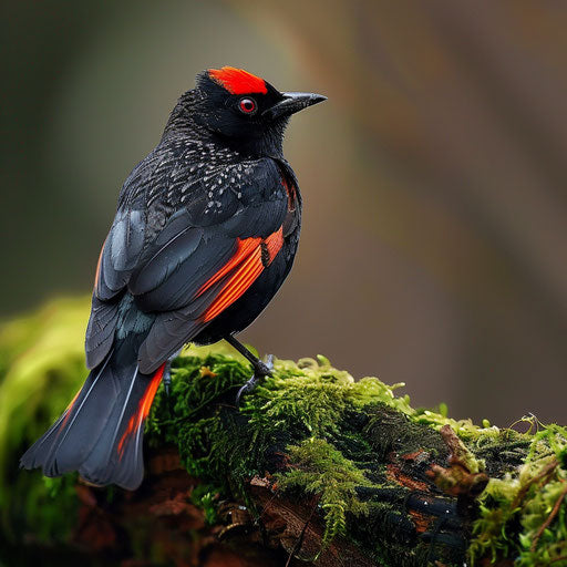 Black bird with red wings on a mossy branch