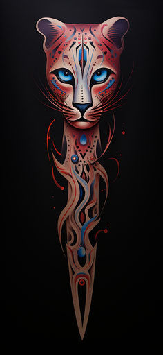 Tattoo with cheetah, light red and blue, fine feathers