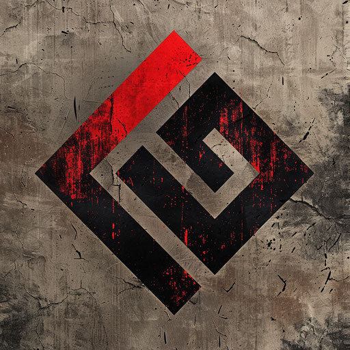 Brand logo with rugged textures and bold fonts in black and red