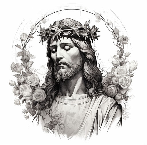 Tattoo illustration of Christ with crown of roses and lilies