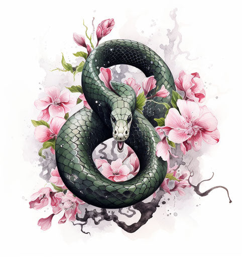 A watercolor drawing of a snake with black orchids
