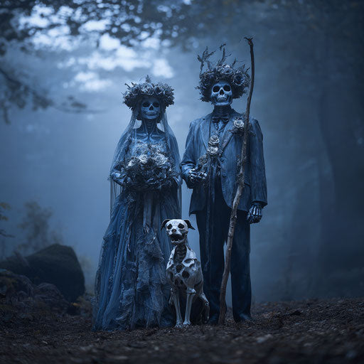 Couple in Corpse Bride cosplay in a misty forest