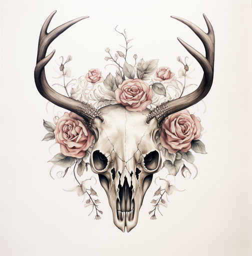 Deer skull and roses tattoo design, scarlett hooft graafland style