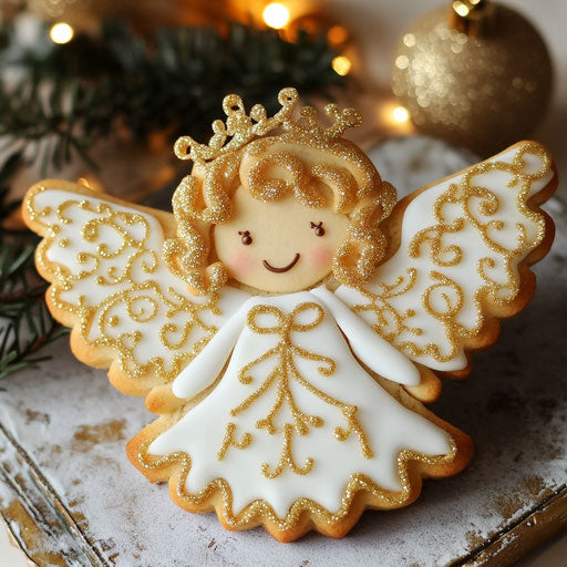 Christmas angel cookie decorated with golden icing and glitter