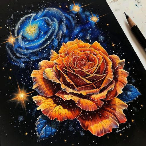 Dreamy tattoo sketch of an amber rose under a starry night sky