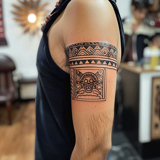 Armband tattoo of Aztec symbols and patterns on upper arm