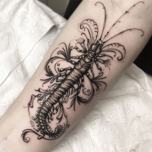 Baroque inspired centipede tattoo with ornate details on white background