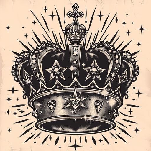 Dramatic tattoo sketch of king's crown over queen's tiara