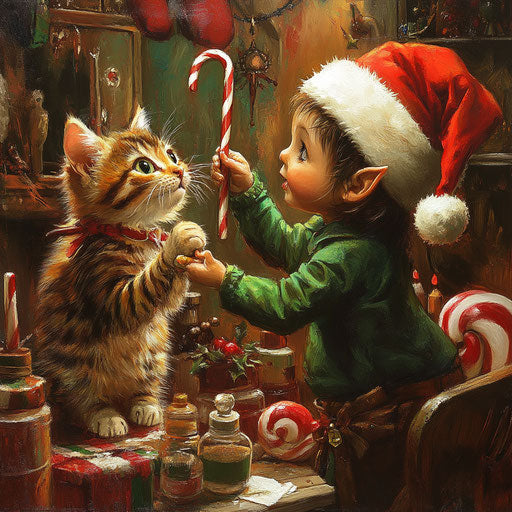 Mischievous elf paints stripes on a cat at North Pole