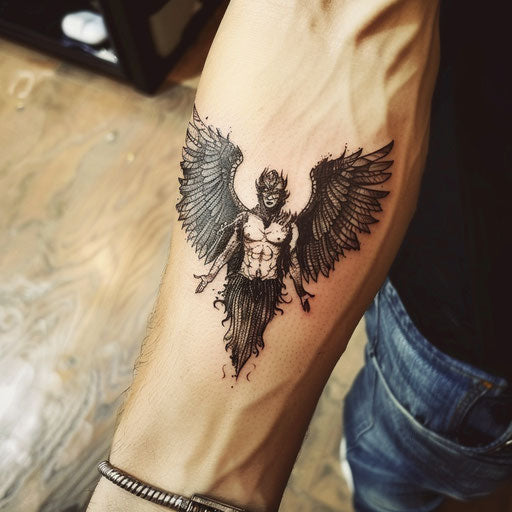 Small wrist tattoos of a dark angel, in the style of Gerald Brom