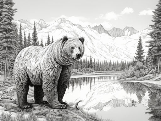 Grizzly bear coloring pages in the style of precisionist art