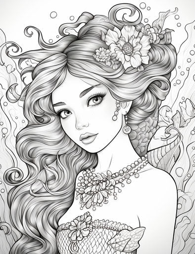 Adult mermaid coloring card, pop colorism style, detailed costumes, multicultural, commission for, captivating, plush doll art, dau al set 24:31