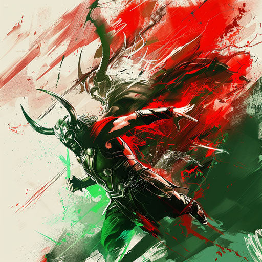 Dynamic tattoo sketch of Thor clashing with Loki in a vivid, flat clipart style using red and green contrasts