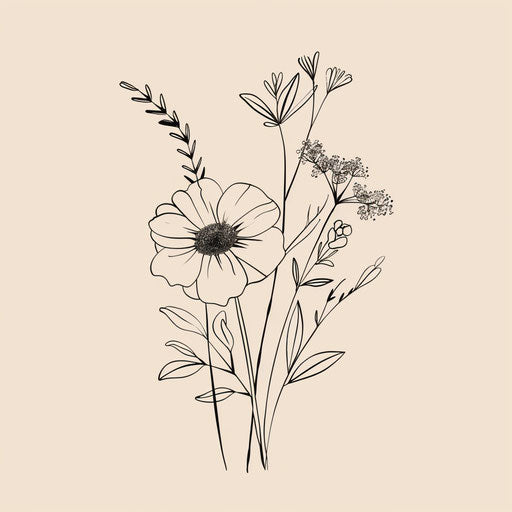 Flat tattoo sketch of a birth flower bouquet with minimalist chamomile and jasmine