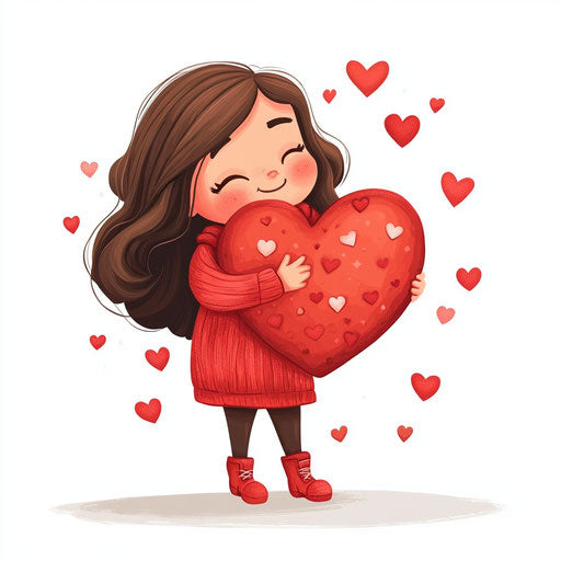 Happy little girl with big heart plush toy on white background