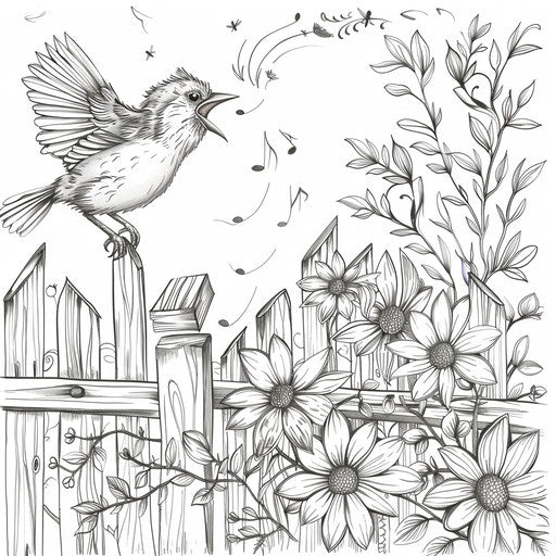 Bird singing on a fence with flowers