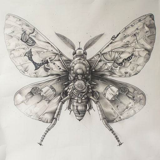 Steampunk influenced death moth tattoo drawing with mechanical details on white background
