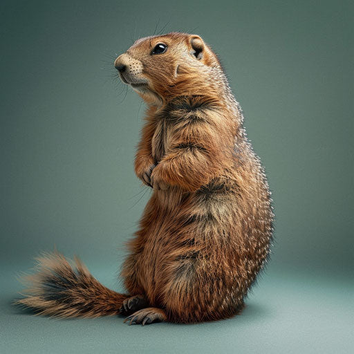 A groundhog with its tail wrapped around itself in a playful stance