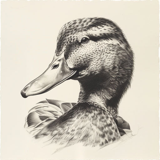 Realistic portrait of a duck, detailed shading, tattoo on white background