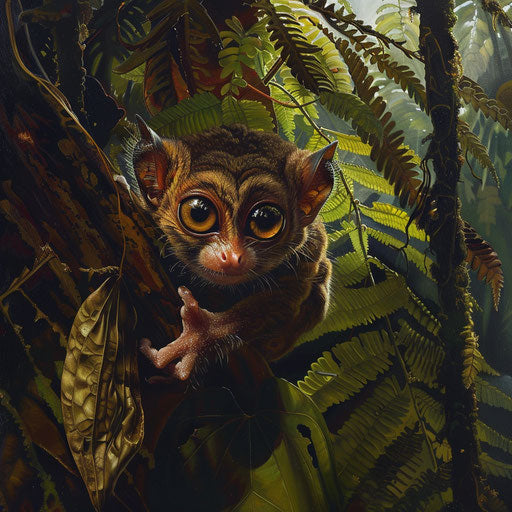 Tarsier behind fern, sunlight filtering through canopy
