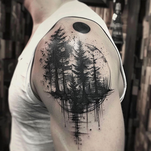 Stylish tattoos for men with an abstract forest on the shoulder