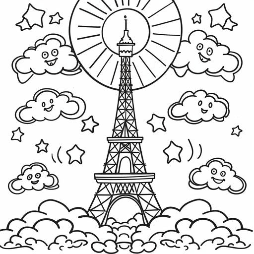 Eiffel Tower surrounded by playful clouds and a smiling sun