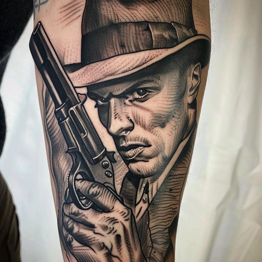 Gothic style tattoo of a 1920s gangster