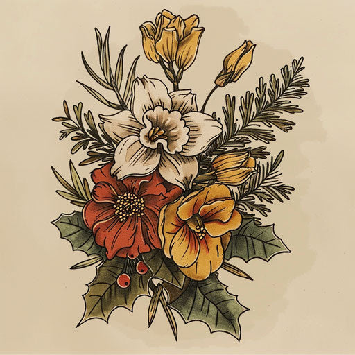 Flat tattoo sketch of a birth flower bouquet