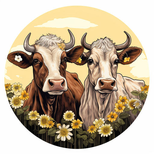 Two cows surrounded by a flower in feminine style