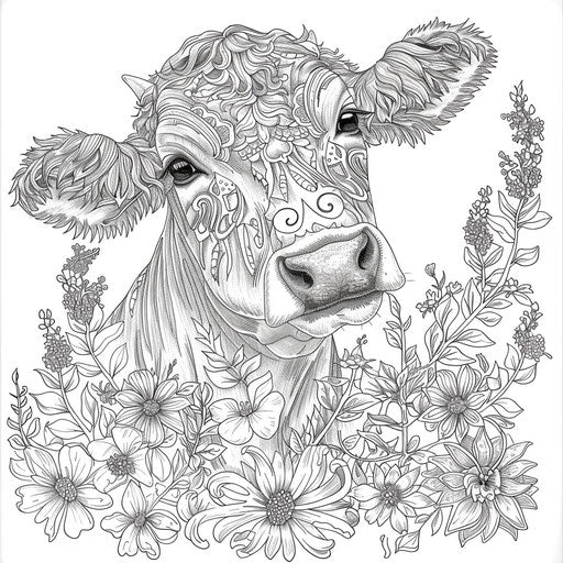 Cow with floral and leaf patterns. Coloring book page