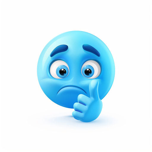 Thoughtful blue emoji pointing to itself