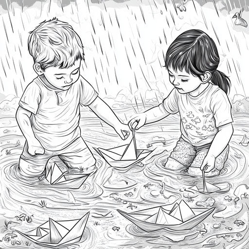 Children playing with paper boats in the rain