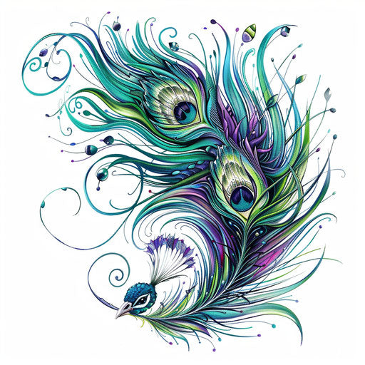 Peacock feather tattoo with jewel tones on white