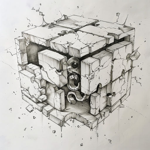 Dynamic flat tattoo sketch of an enigma puzzle cube in a disassembled state