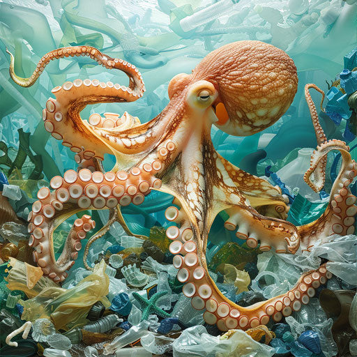 Octopus navigating plastic pollution labyrinth