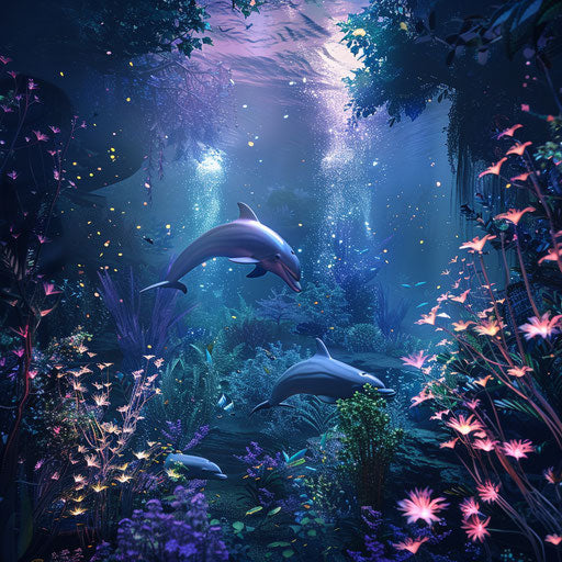 Magical underwater forest with dolphins and glowing plants