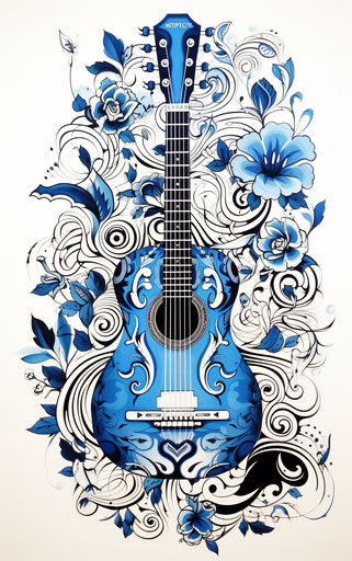 Ink drawing of guitar and musical notes in classic tattoo style, romanticized nature