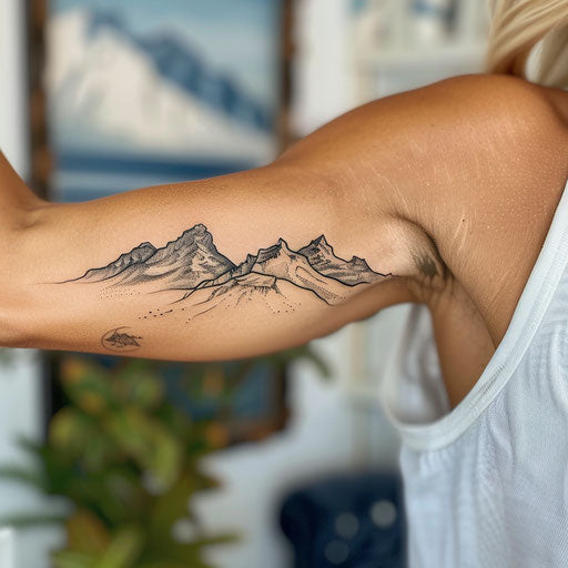 Minimalist mountain range tattoo, Ami James style, bicep