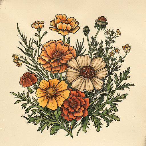 Vintage flat tattoo sketch of detailed October birth flowers, marigolds and cosmos
