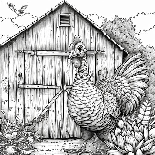 Turkey behind a barn door, coloring book page