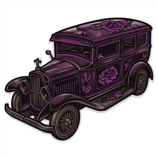 Flat tattoo sketch of a hearse car in gothic clipart style with eerie details and dark purples