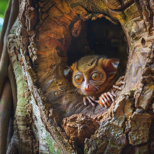 A tarsier's view of the wild jungle from a tree hole