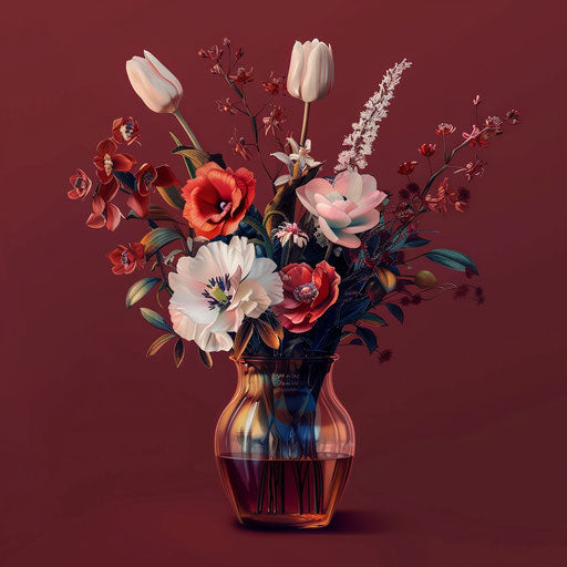 Realistic flower vase on rich burgundy background