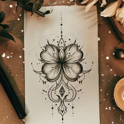 Sketch of mystical clover tattoo adorned with crescent moons and dots