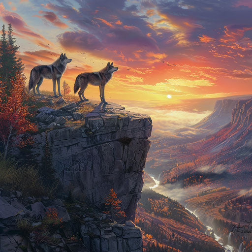 Two wolves oversee untouched valley at sunset