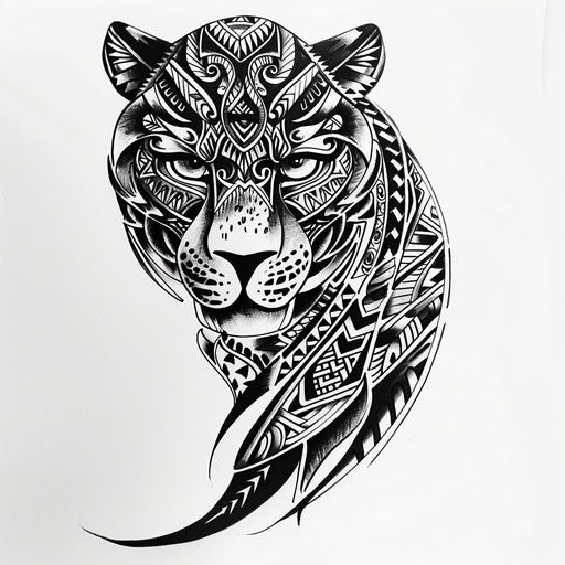 Polynesian-inspired tattoo design of black panther with patterns, on white background.