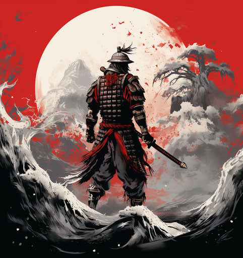 Japanese warrior on red background, realistic and stylized