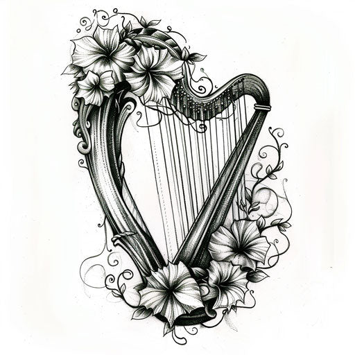 Tattoo design of an Irish harp with floral Celtic designs on white
