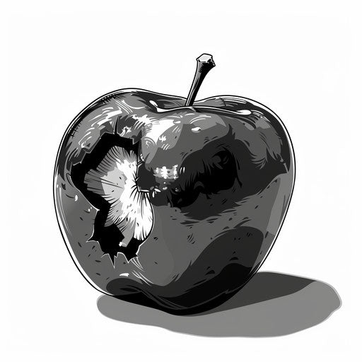 Sketch of a reflective tattoo of a bitten apple, monochrome