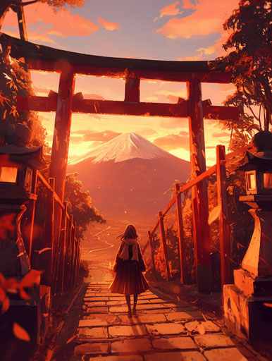 Path of red torii gates near wooden houses and Mt. Fuji at sunset